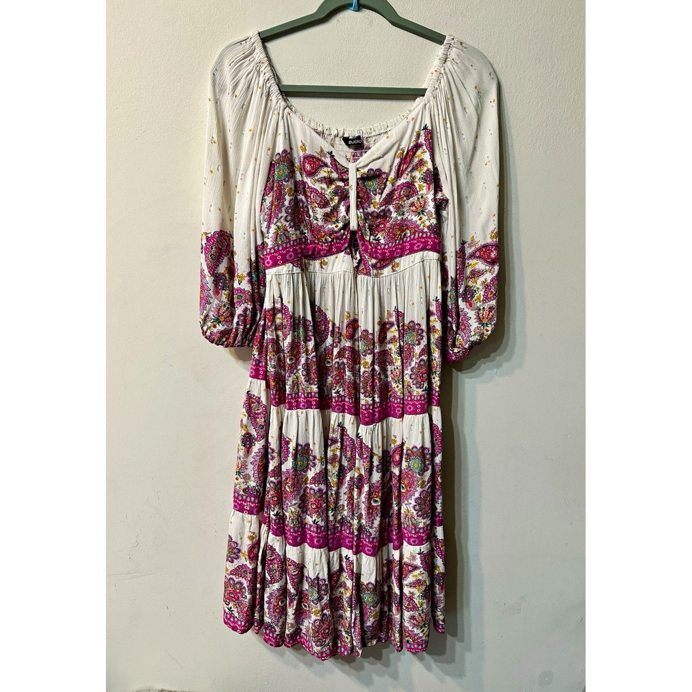 Zudio Boho Paisley Tiered Midi Dress Womens XXL Pink Off Shoulder Smocked